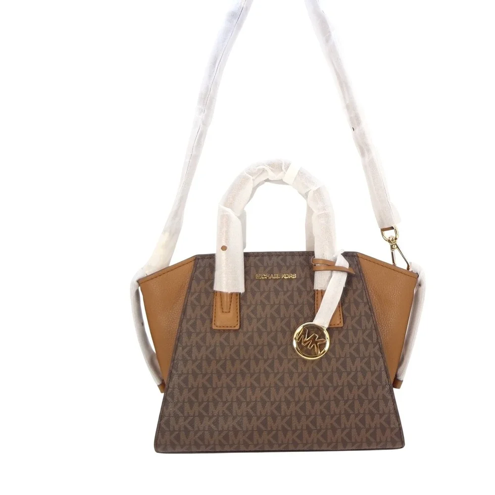 Michael Kors Avril‎ Satchel Small Brown Logo Canvas Leather Crossbody New